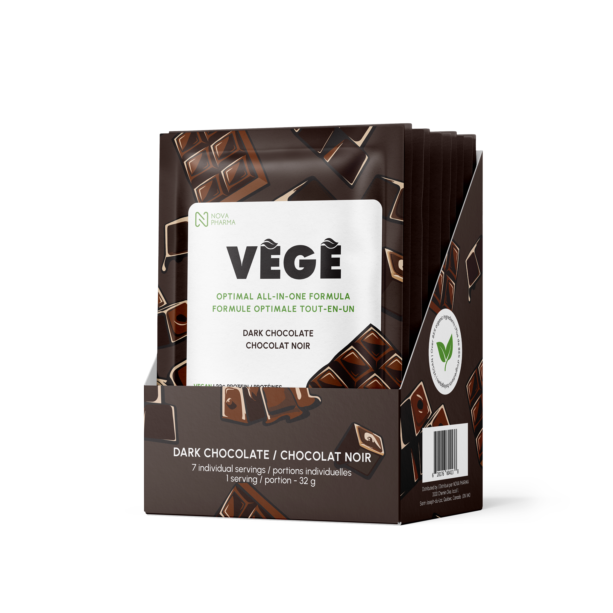 Vege protein all-in-one formula by nova pharma. 7 days of dark chocolate individual servings.