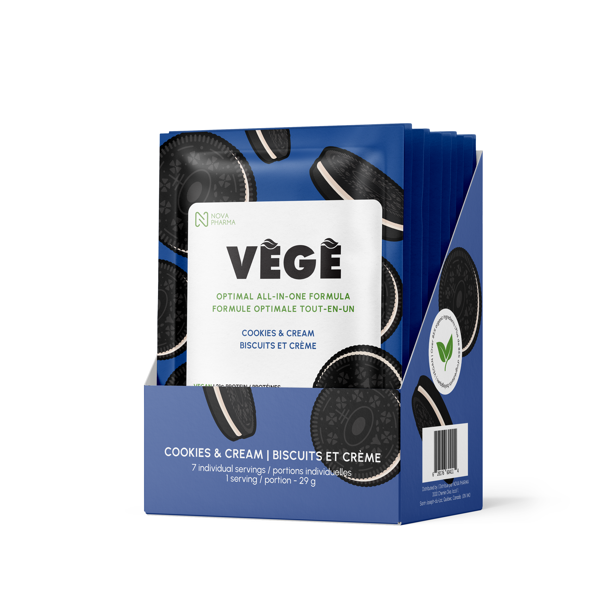 Vege protein all-in-one formula by nova pharma. 7 days of cookies&cream individual servings.