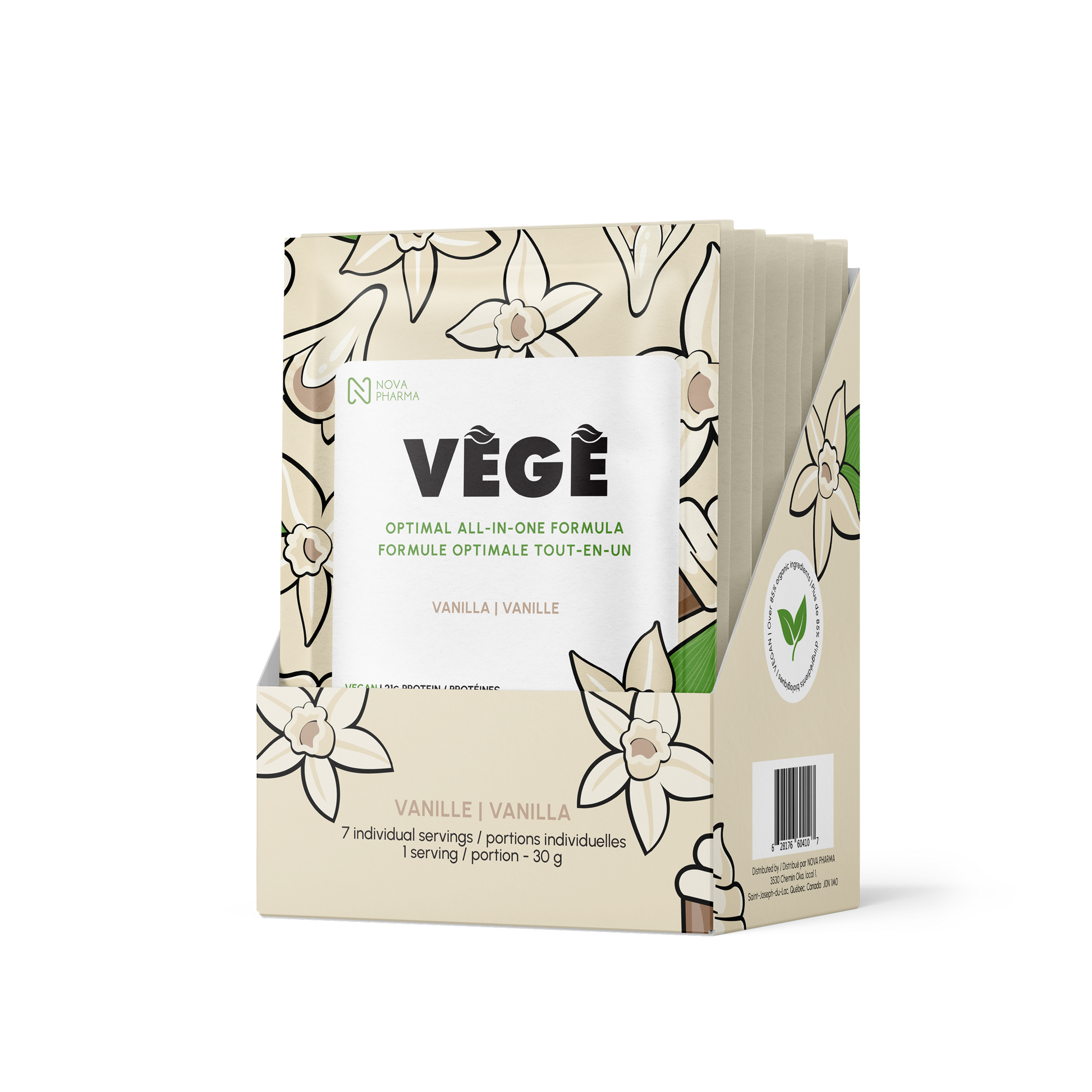 Vege protein all-in-one formula by nova pharma. 7 days of vanilla individual servings.