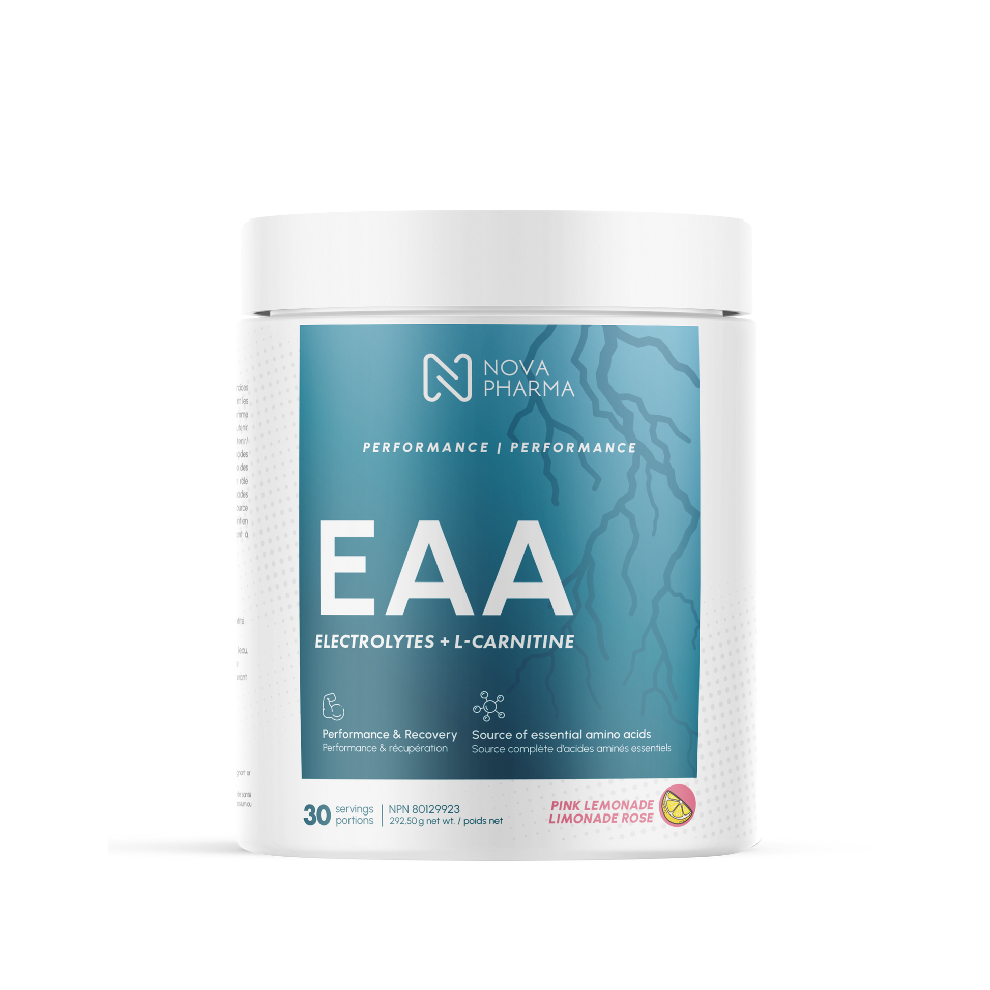 Nova Pharma EAA supplement container pink lemonade flavor