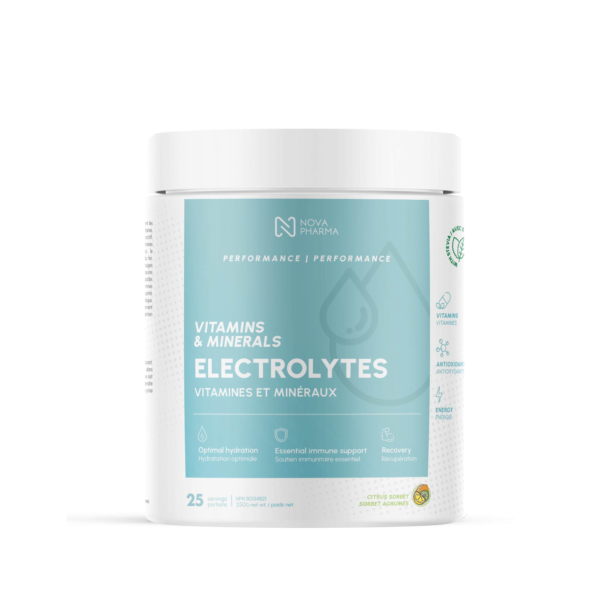 Electrolytes supplement citrus sorbet by Nova Pharma.