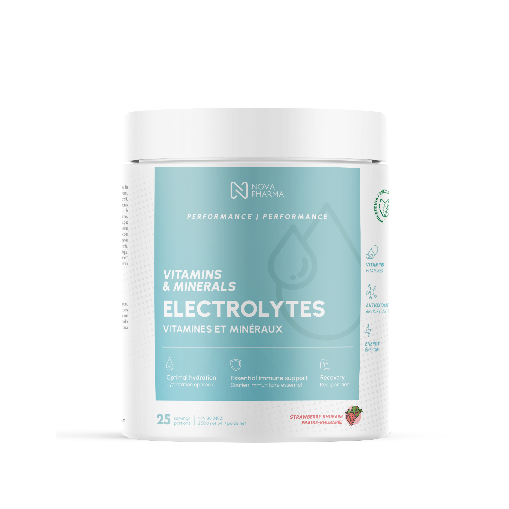 Electrolytes supplement strawberry rhubarbe by Nova Pharma.