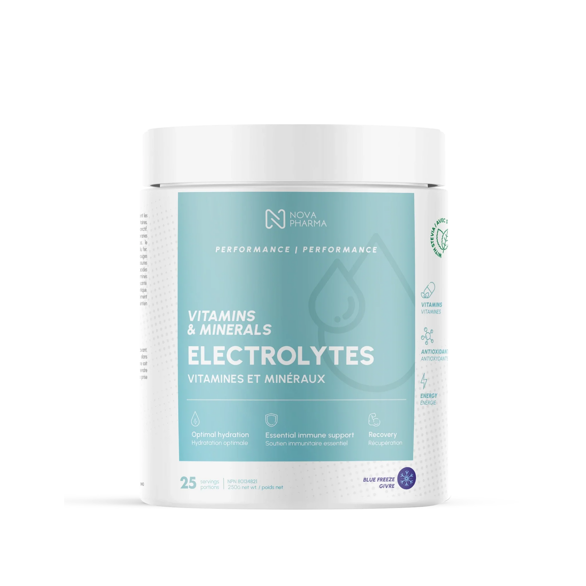 Electrolytes supplement blue freeze by Nova Pharma.