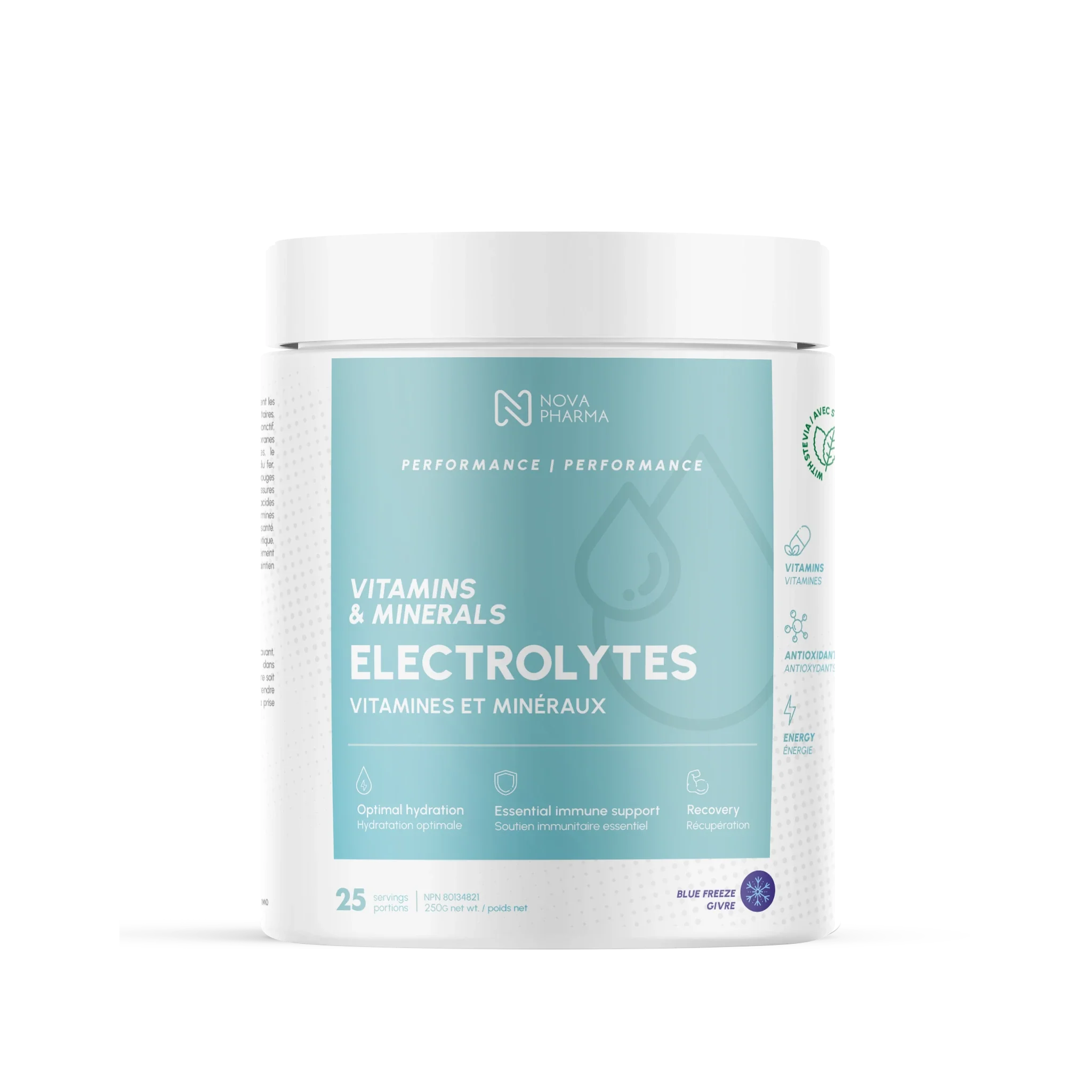 Electrolytes supplement blue freeze by Nova Pharma.