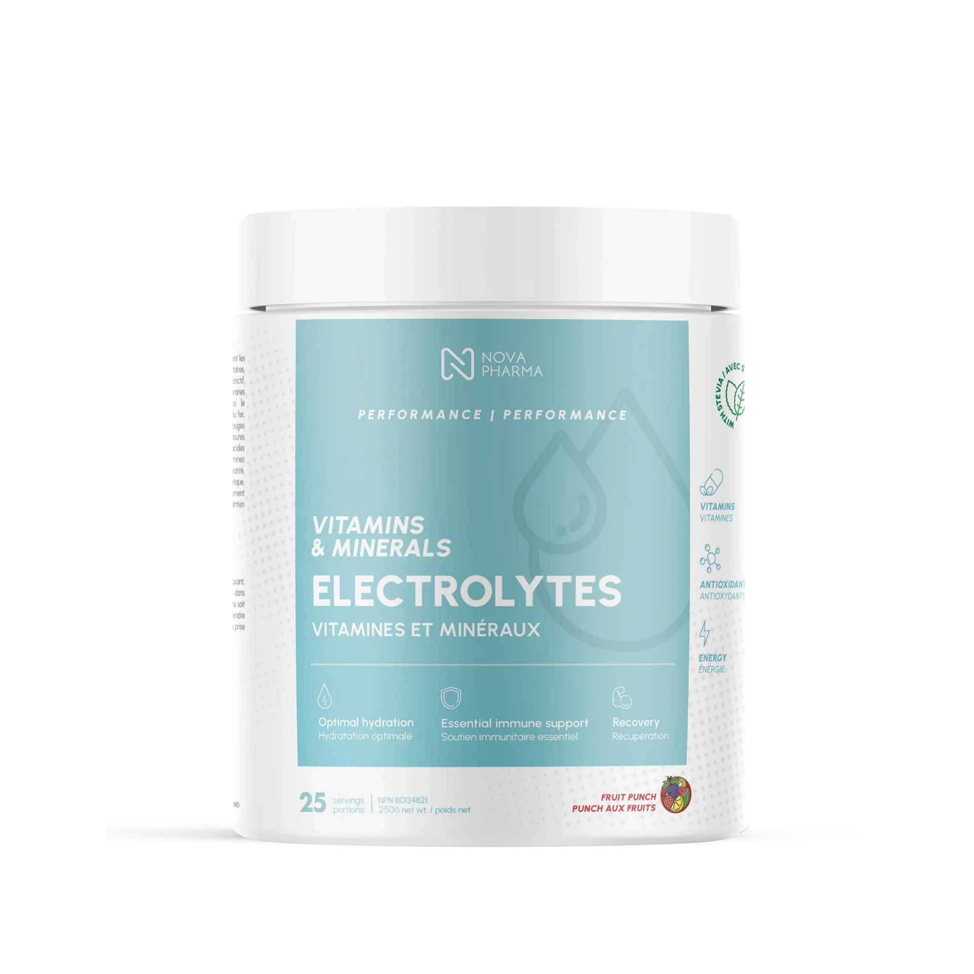 Electrolytes supplement fruit punch by Nova Pharma.