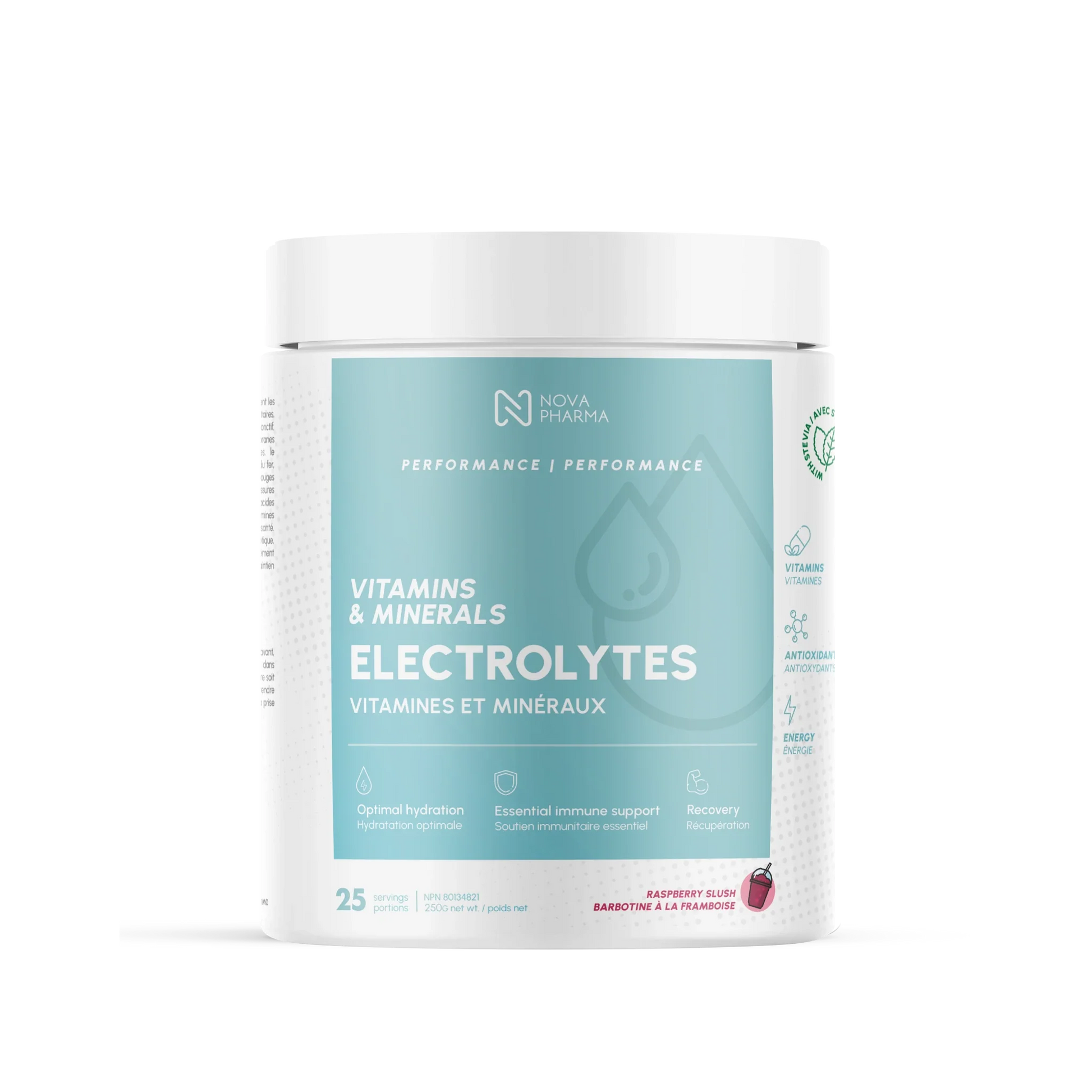 Electrolytes supplement raspberry slush by Nova Pharma.