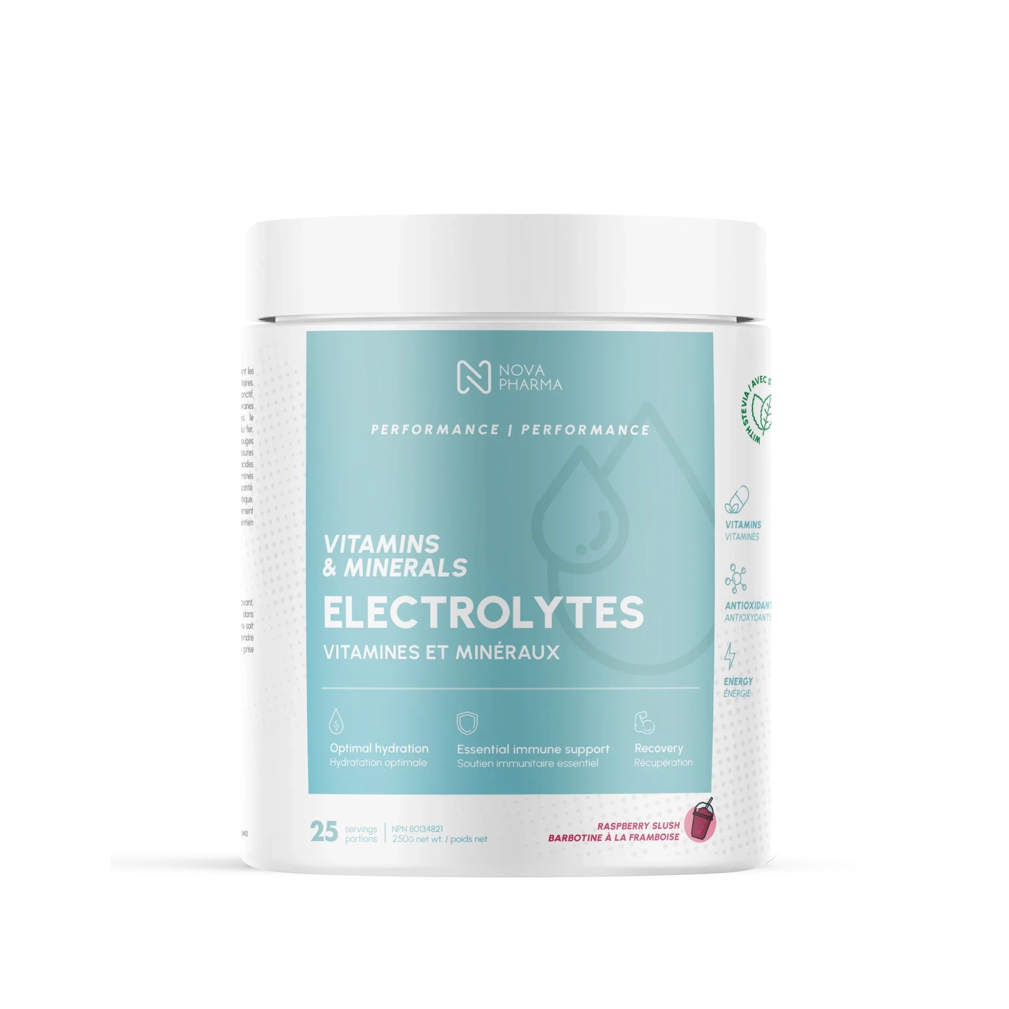 Electrolytes supplement raspberry slush by Nova Pharma.