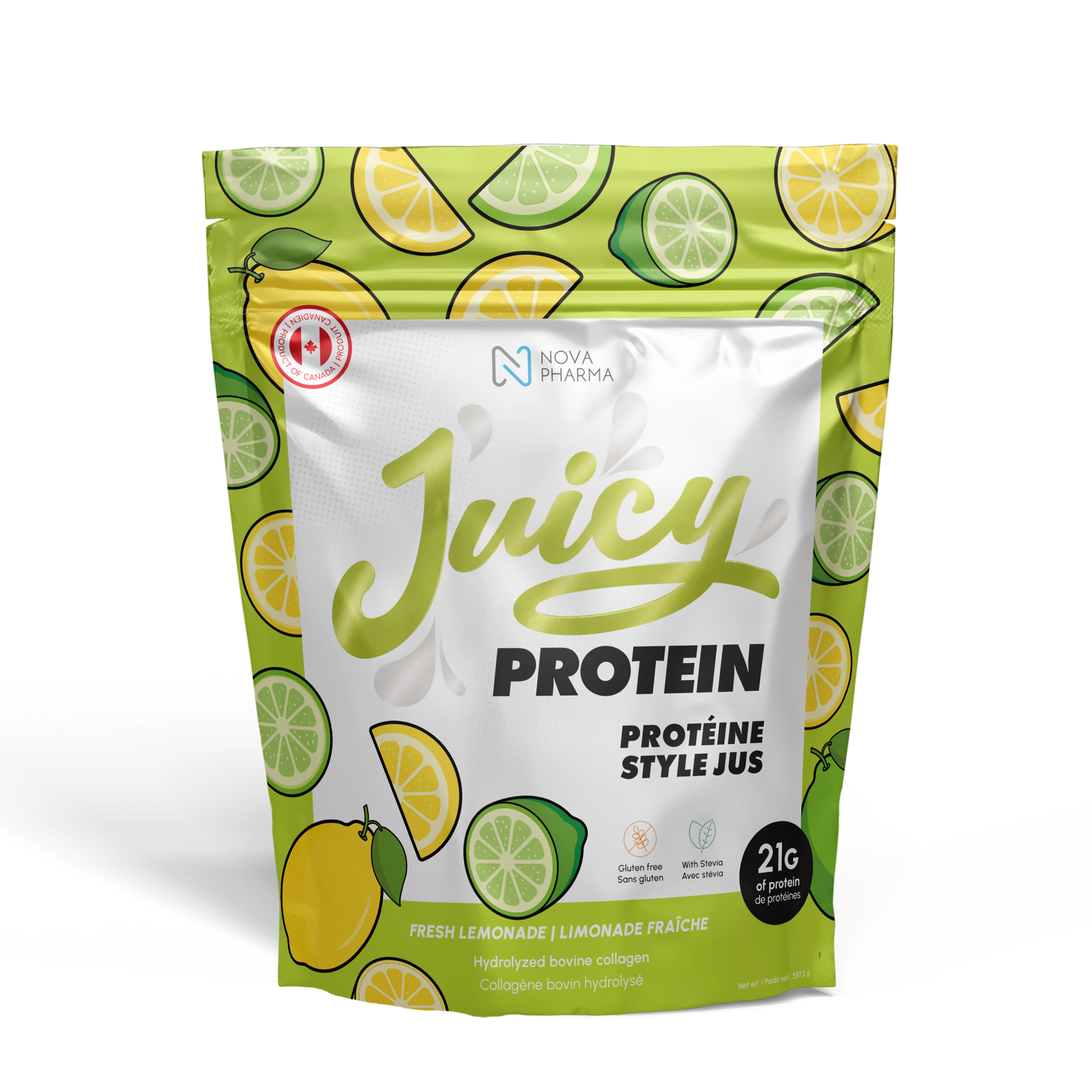Juicy Protein package with lemon and lime design, hydrolyzed bovine collagen by Nova Pharma