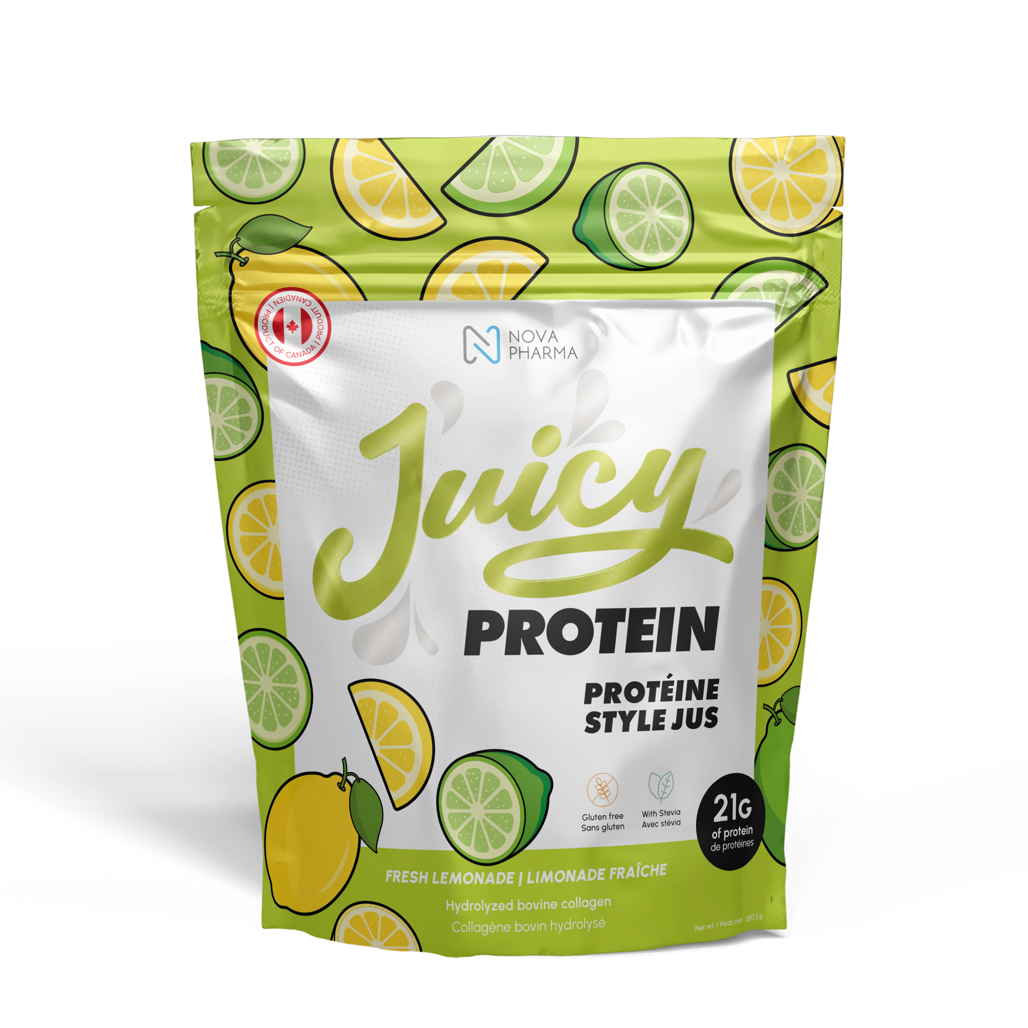 Juicy Protein package with lemon and lime design, hydrolyzed bovine collagen by Nova Pharma