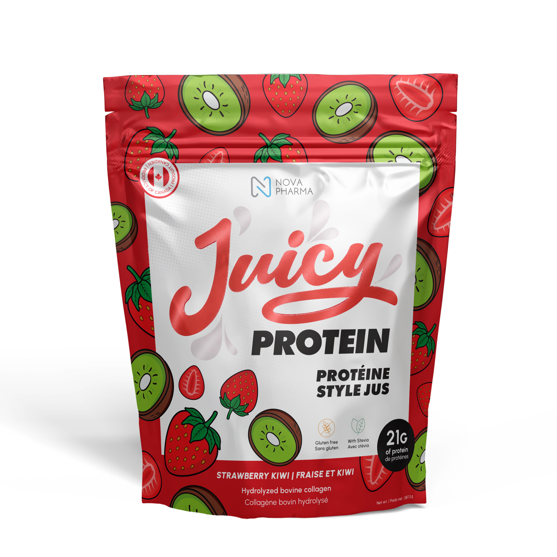 Juicy Protein package with strawberry and kiwi design, hydrolyzed bovine collagen by Nova Pharma