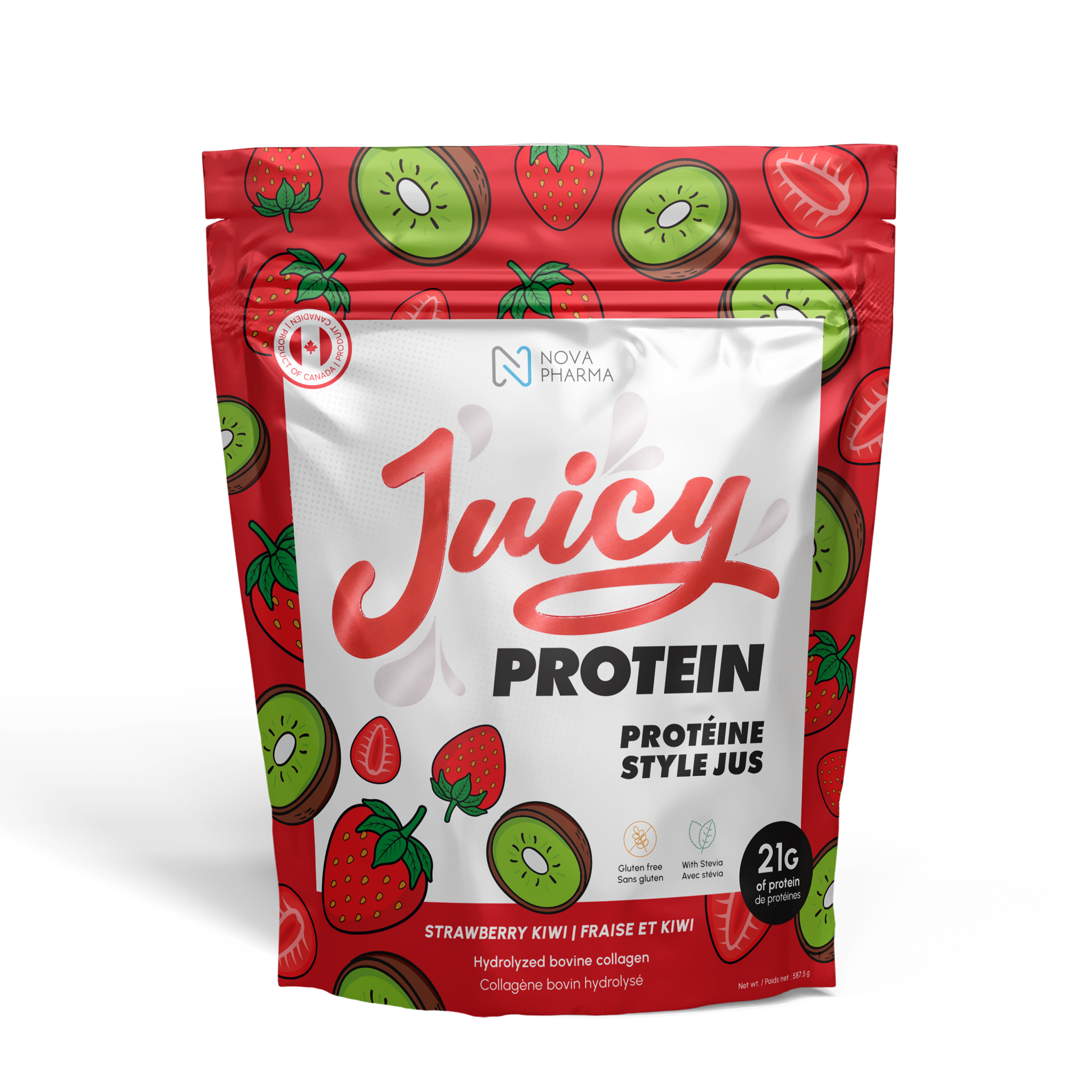 Juicy Protein package with strawberry and kiwi design, hydrolyzed bovine collagen by Nova Pharma