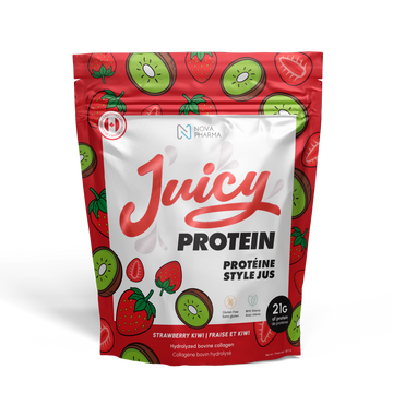 Juicy Protein package with strawberry and kiwi design, hydrolyzed bovine collagen by Nova Pharma