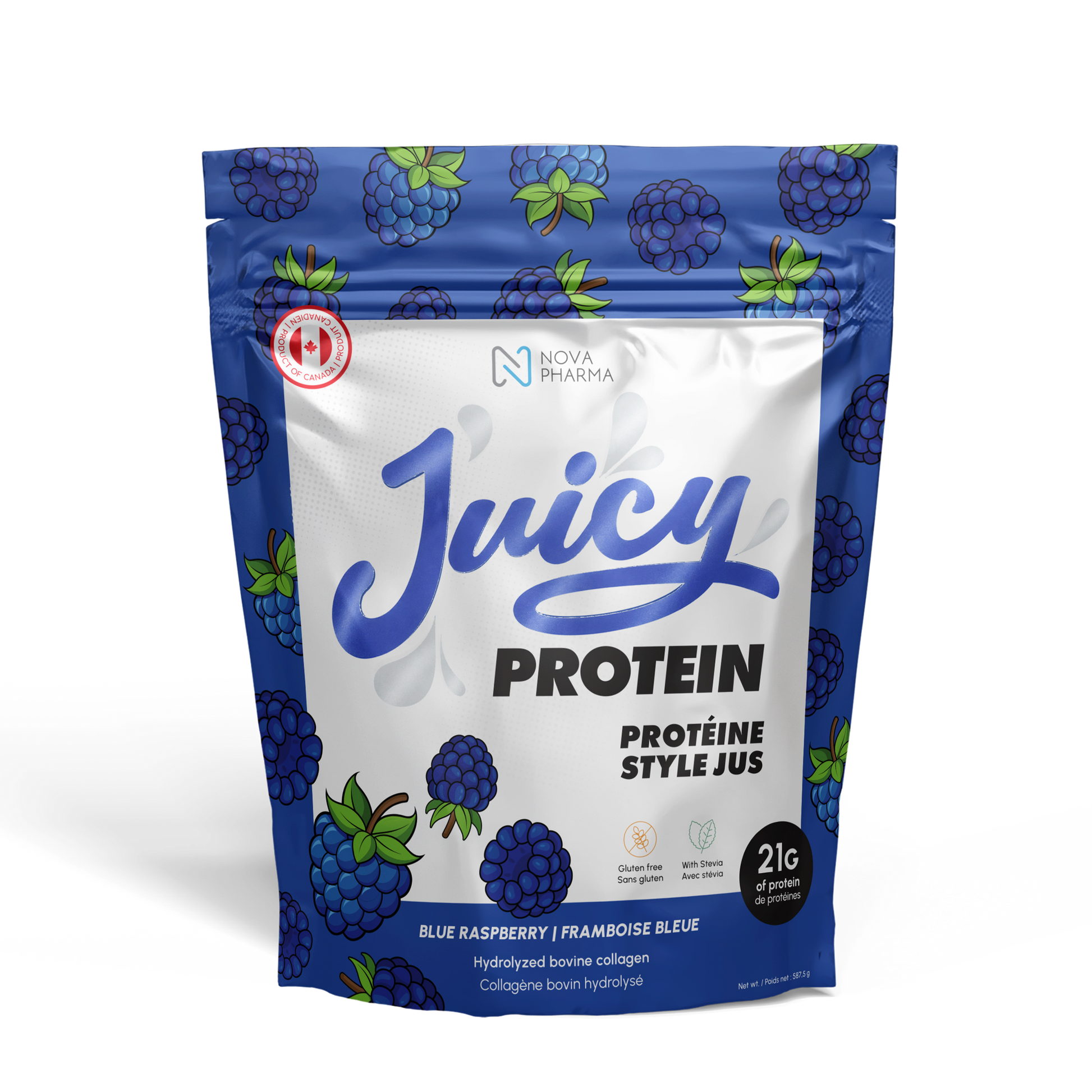 Juicy Protein package with blue raspberry design, hydrolyzed bovine collagen by Nova Pharma