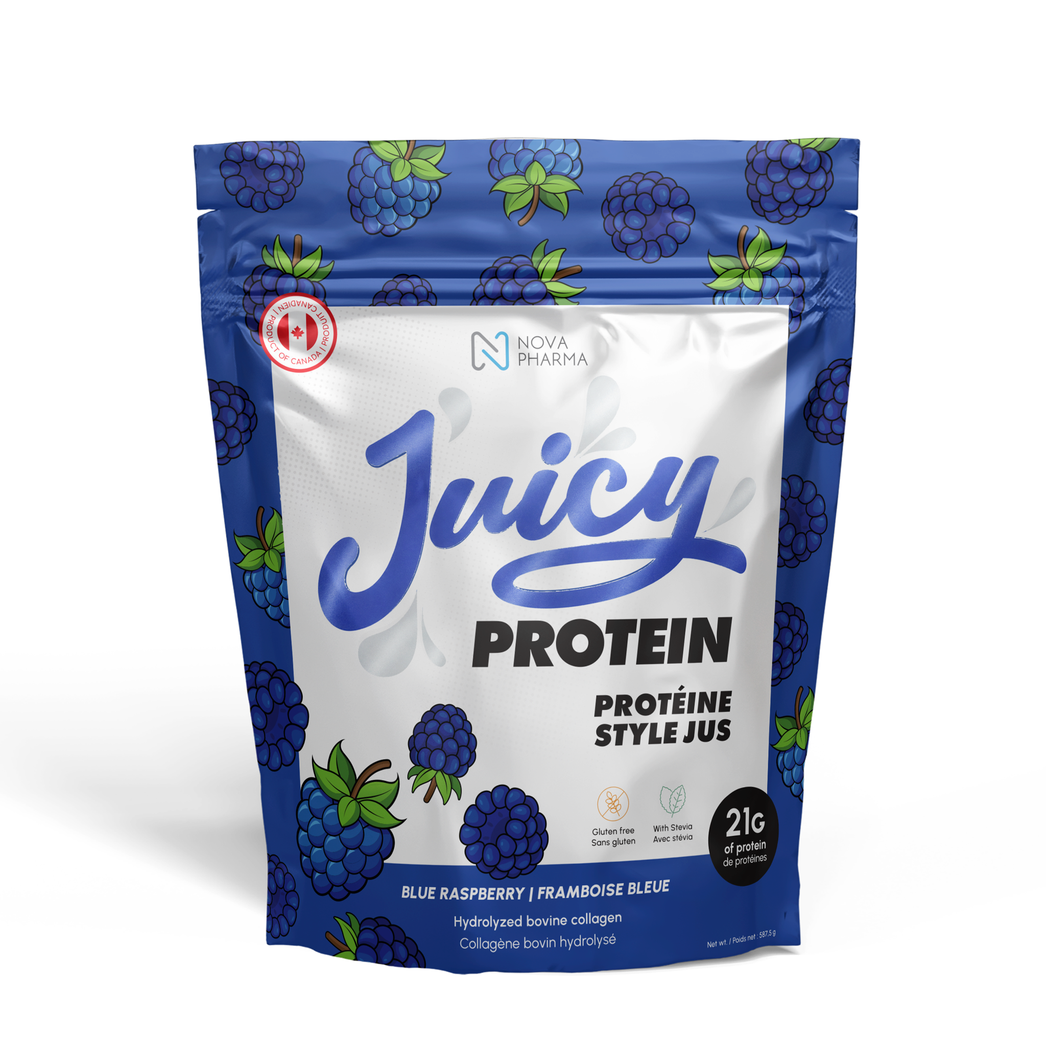 Juicy Protein package with blue raspberry design, hydrolyzed bovine collagen by Nova Pharma