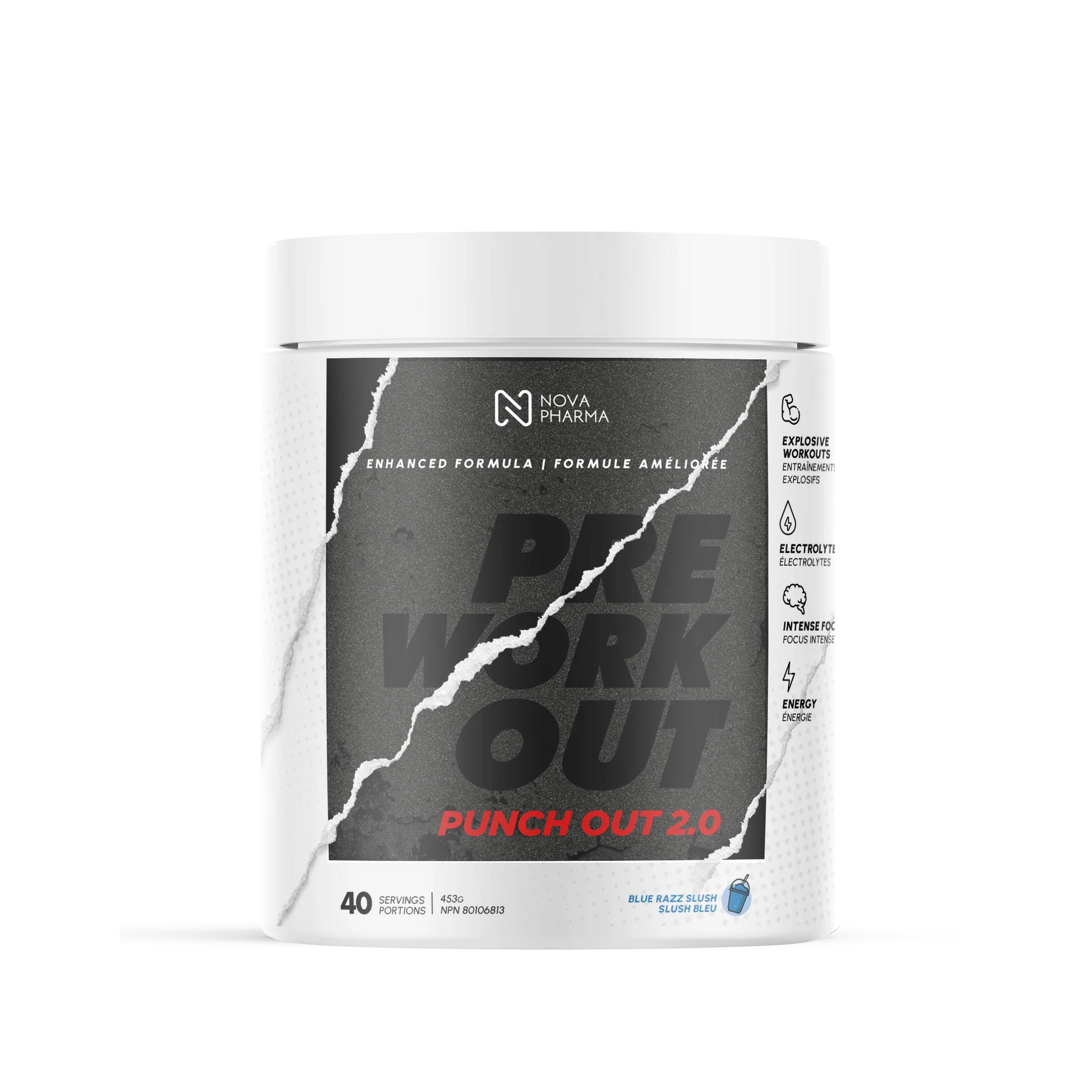 Pre workout punch out 2.0 Blue razz slush by Nova Pharma.