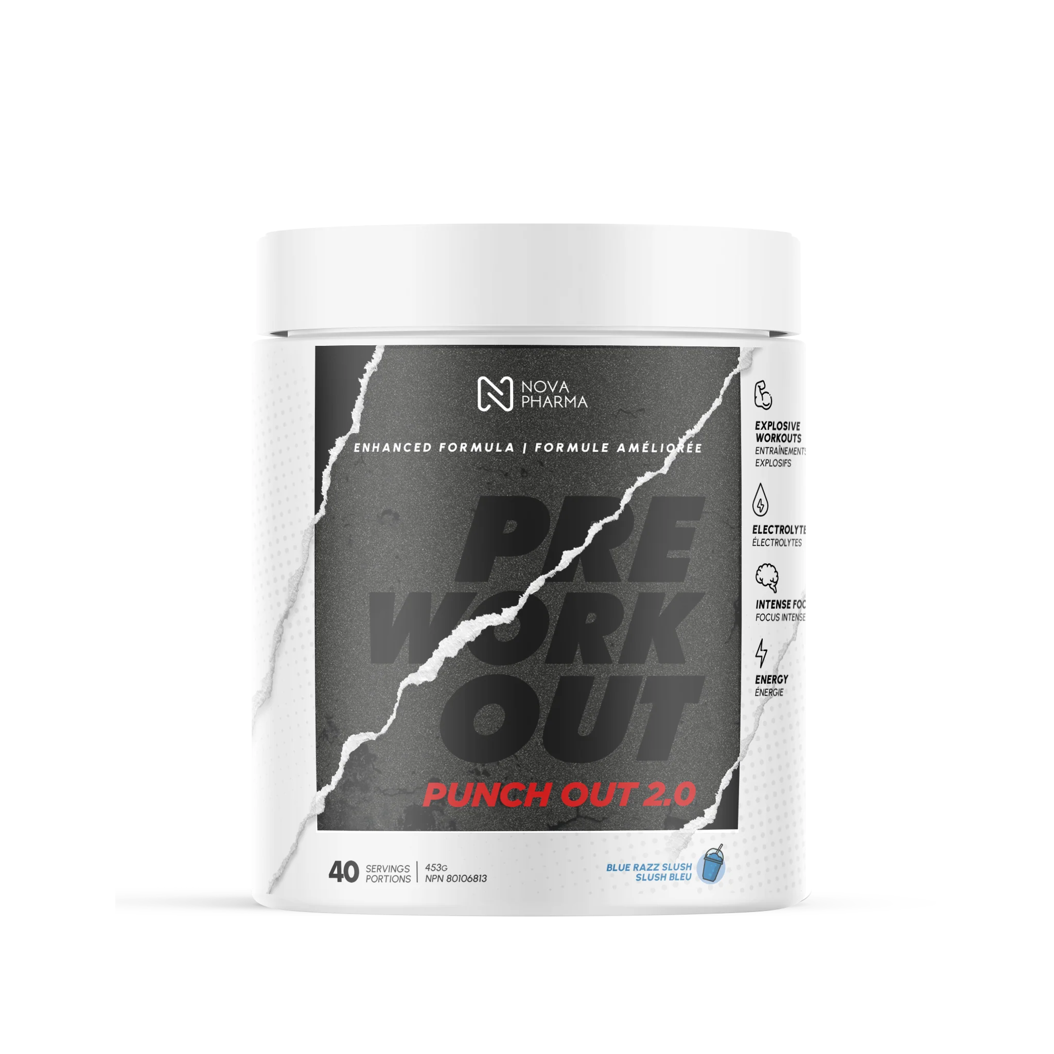 Pre workout punch out 2.0 Blue razz slush by Nova Pharma.