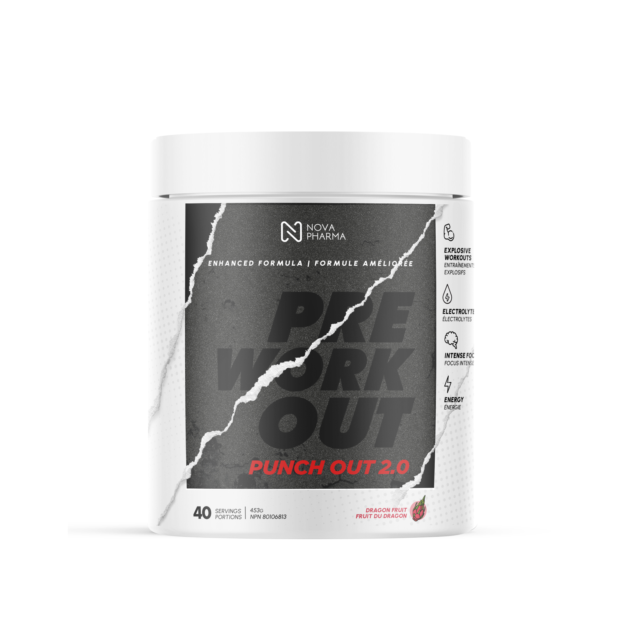 Pre workout punch out 2.0 dragon fruit by Nova Pharma.
