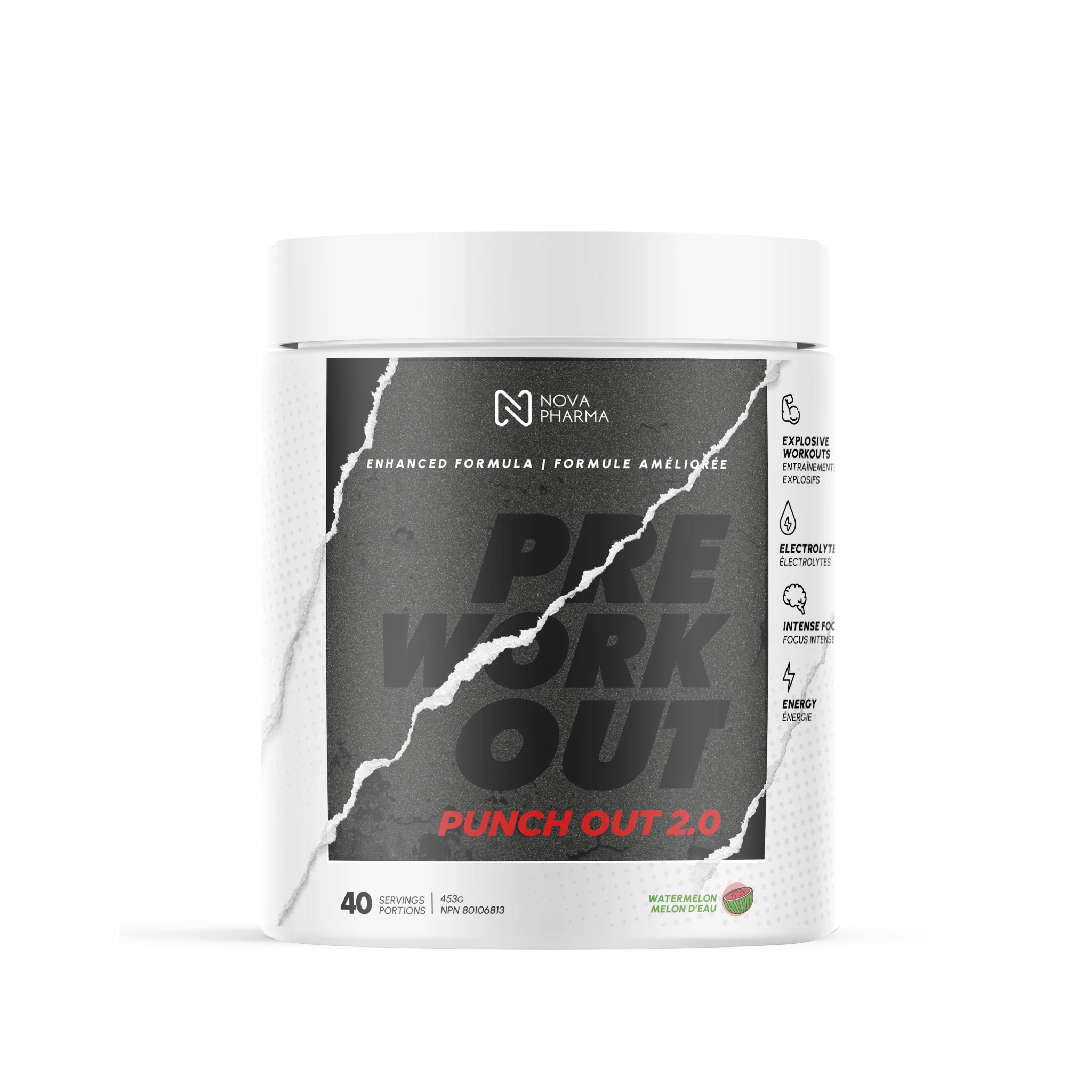 Pre workout punch out 2.0 watermelon by Nova Pharma.