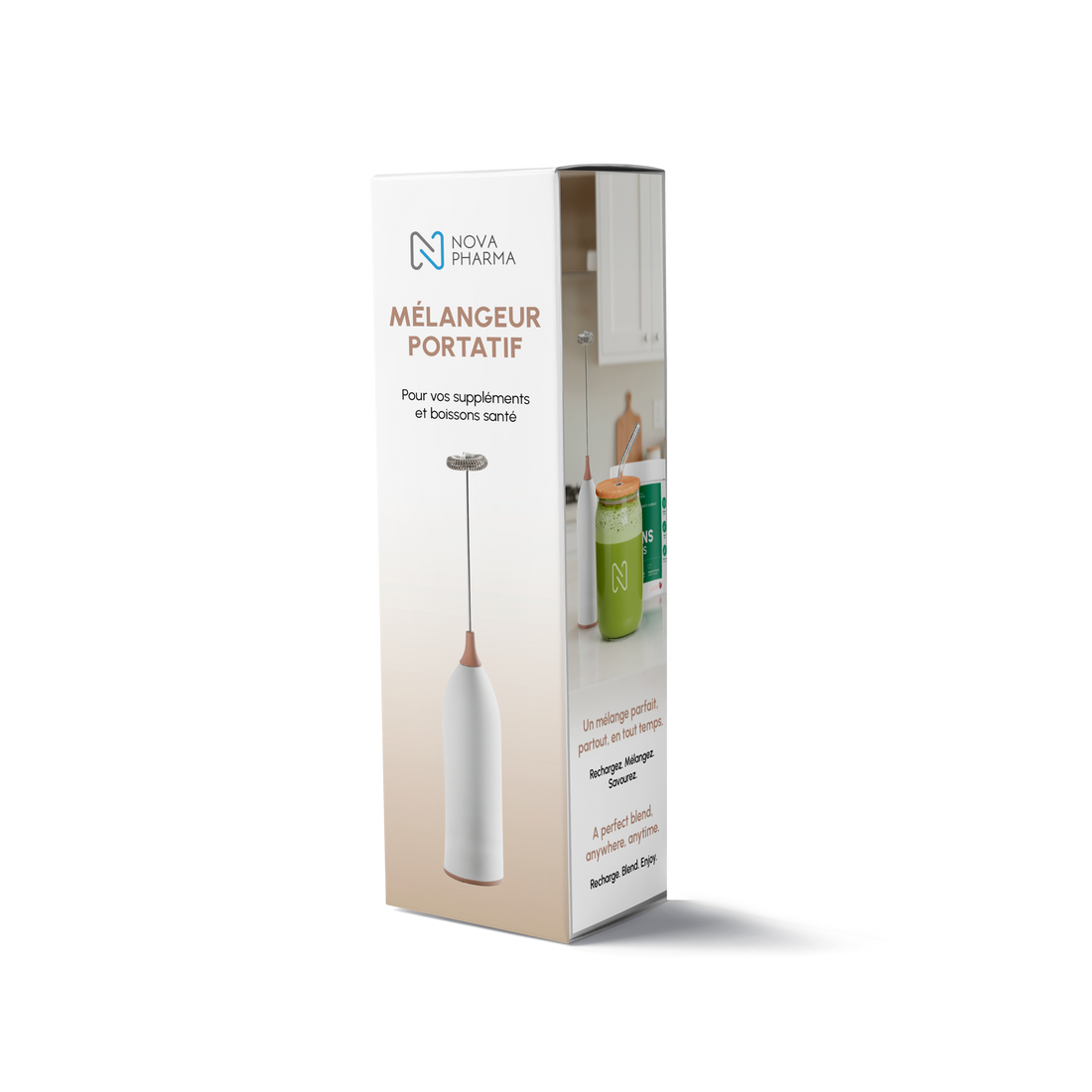 Packaging of a portable mixer with Nova Pharma branding