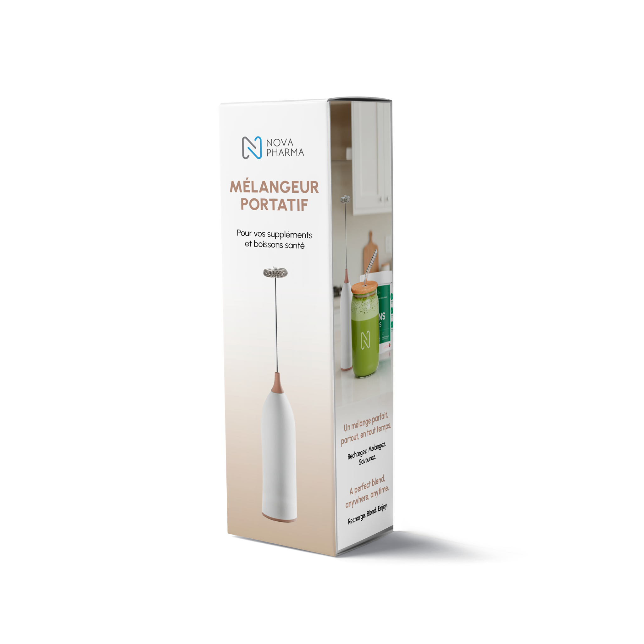 Packaging of a portable mixer with Nova Pharma branding
