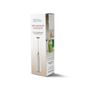 Packaging of a portable mixer with Nova Pharma branding