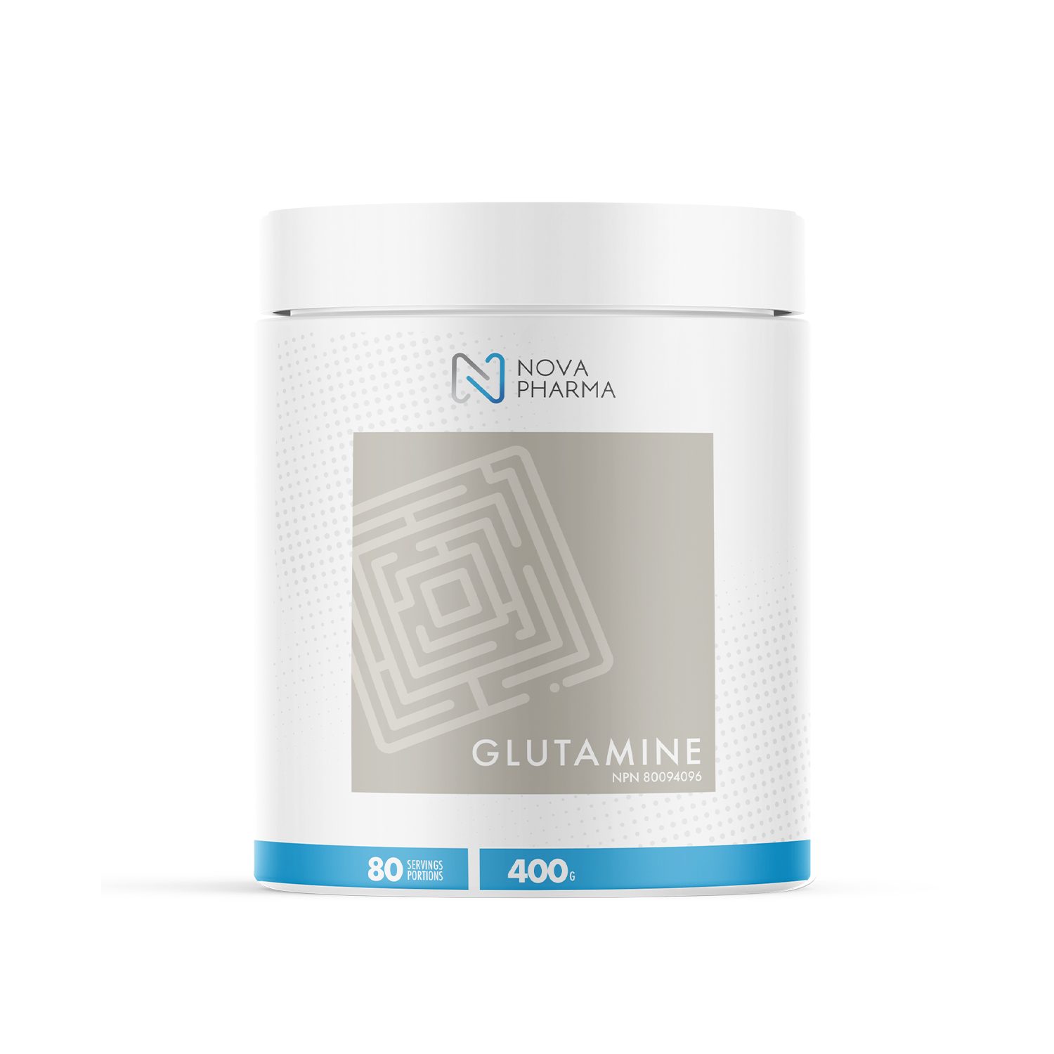 Glutamine supplement container by Nova Pharma