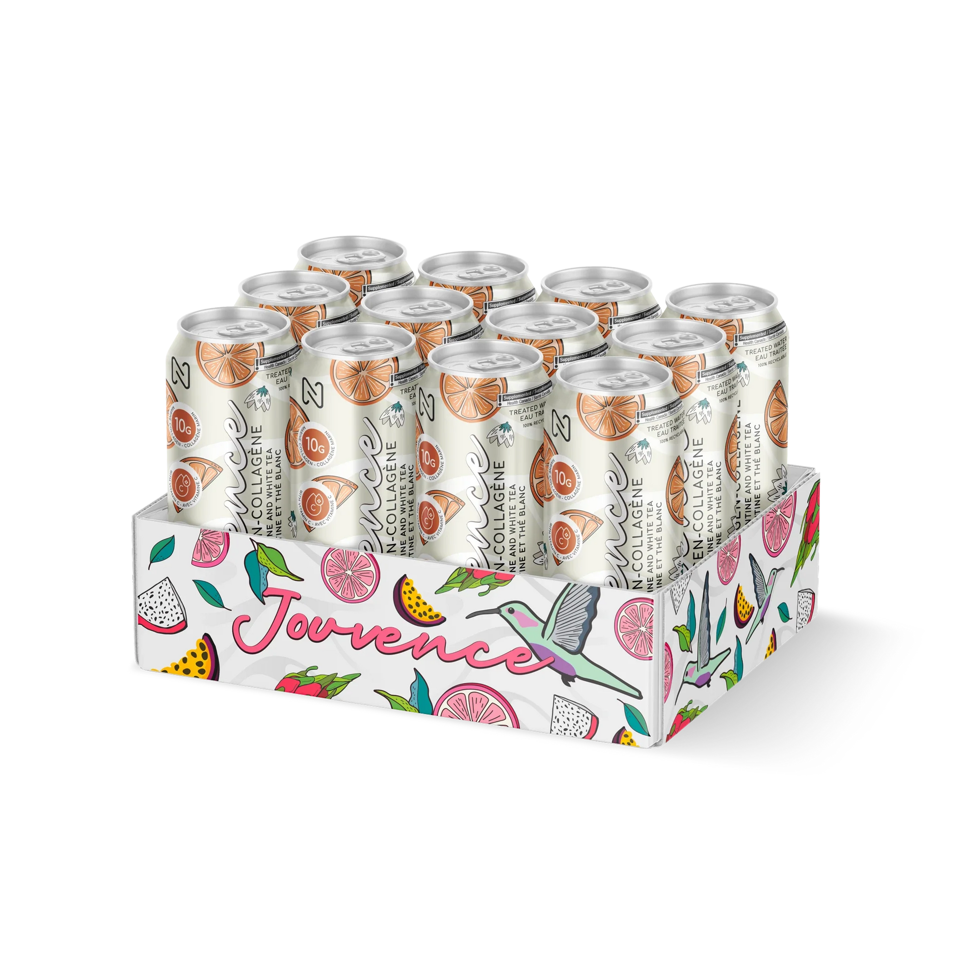 Case of 12 canes Jouvence Clementine and White Tea, ready-to-drink marine collagen.
