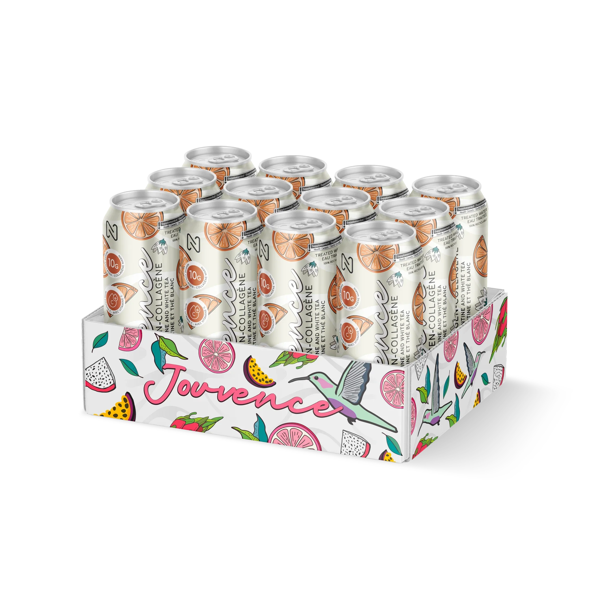 Case of 12 canes Jouvence Clementine and White Tea, ready-to-drink marine collagen.