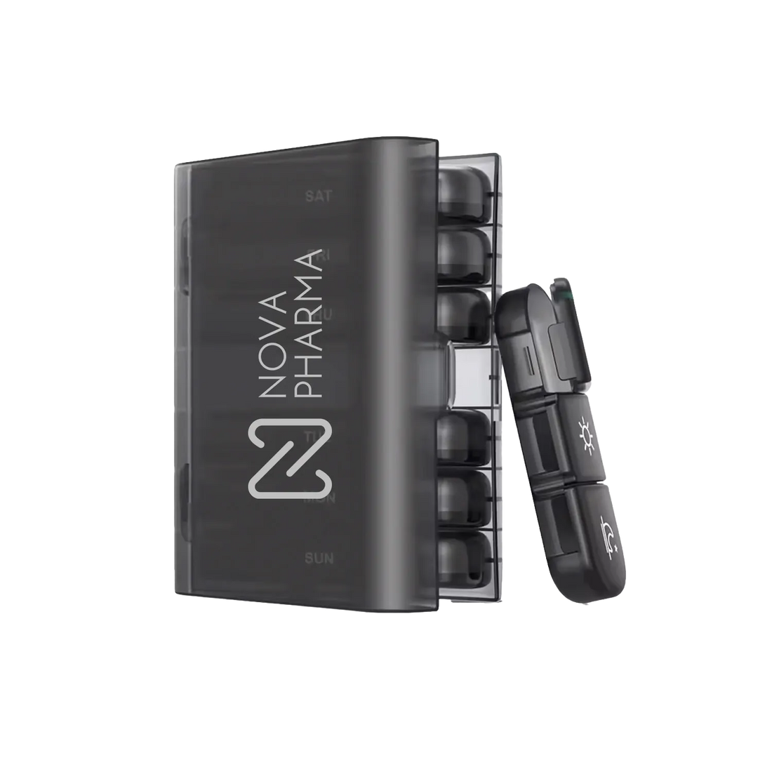 Black Nova Pharma pill organizer on a white background
