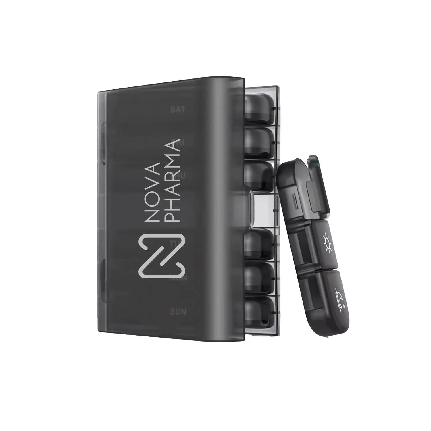 Black Nova Pharma pill organizer on a white background