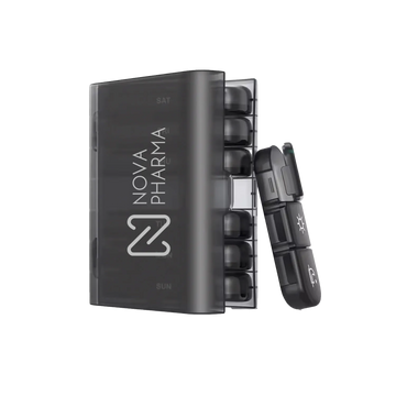 Black Nova Pharma pill organizer on a white background