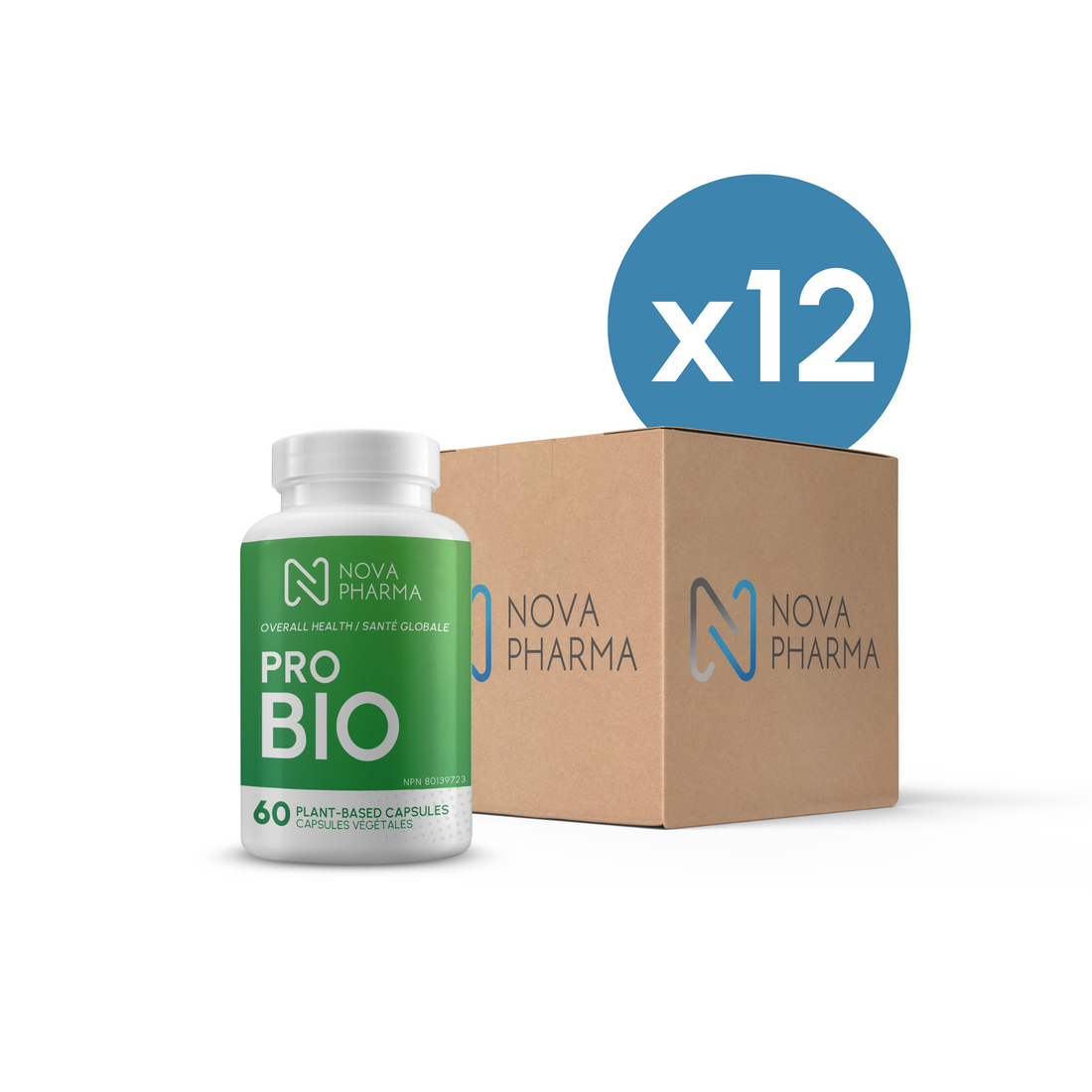 Nova Pharma Pro Bio supplement bottle and box with a quantity indicator on a white background