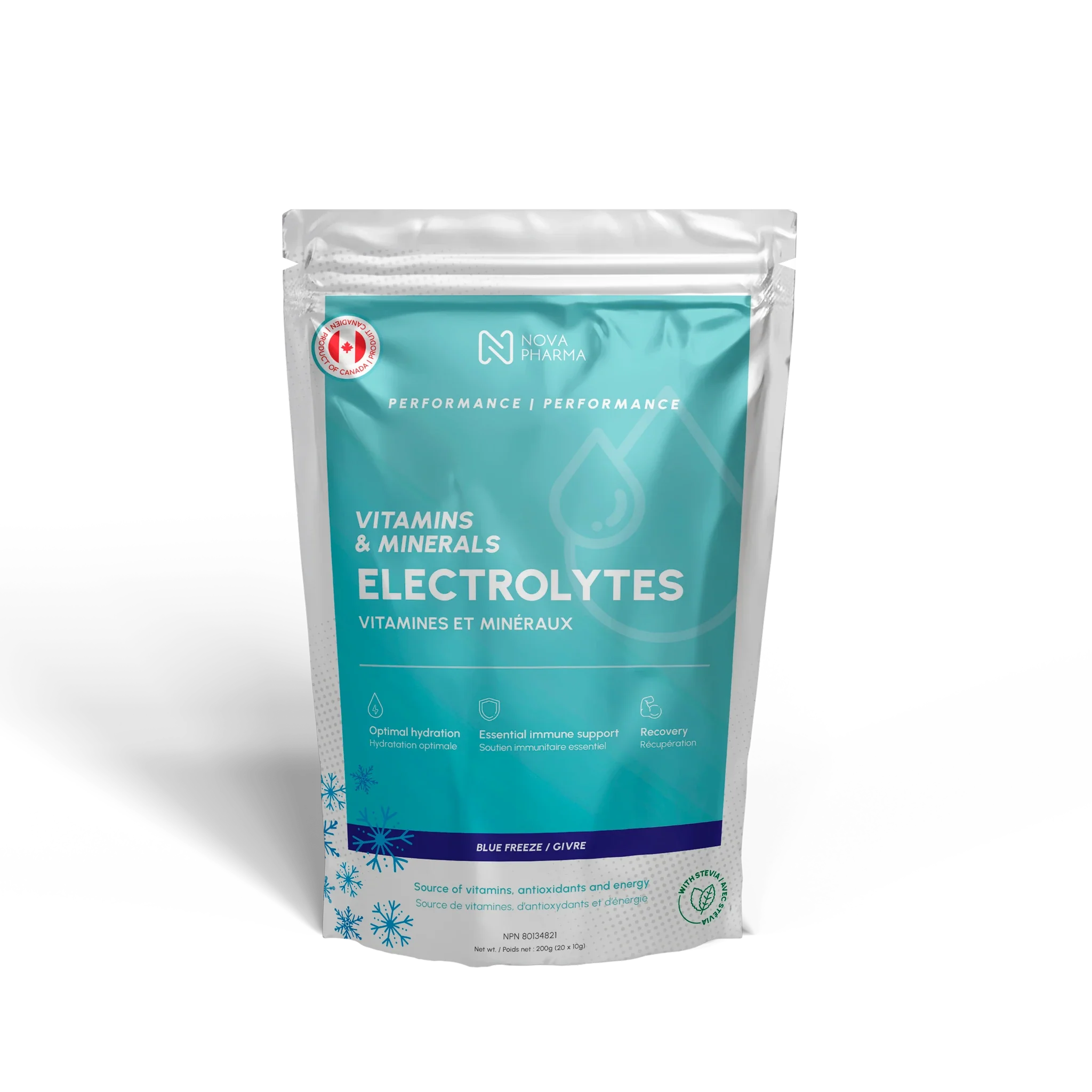 Individual servings electrolytes, 20 servings by Nova Pharma, blue freeze