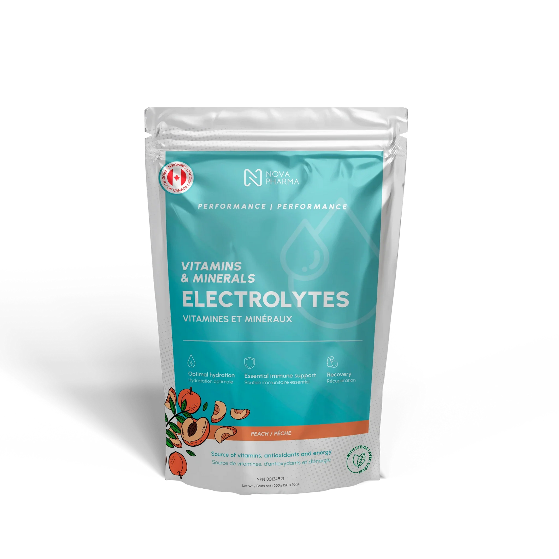 Individual servings electrolytes, 20 servings by Nova Pharma, peach