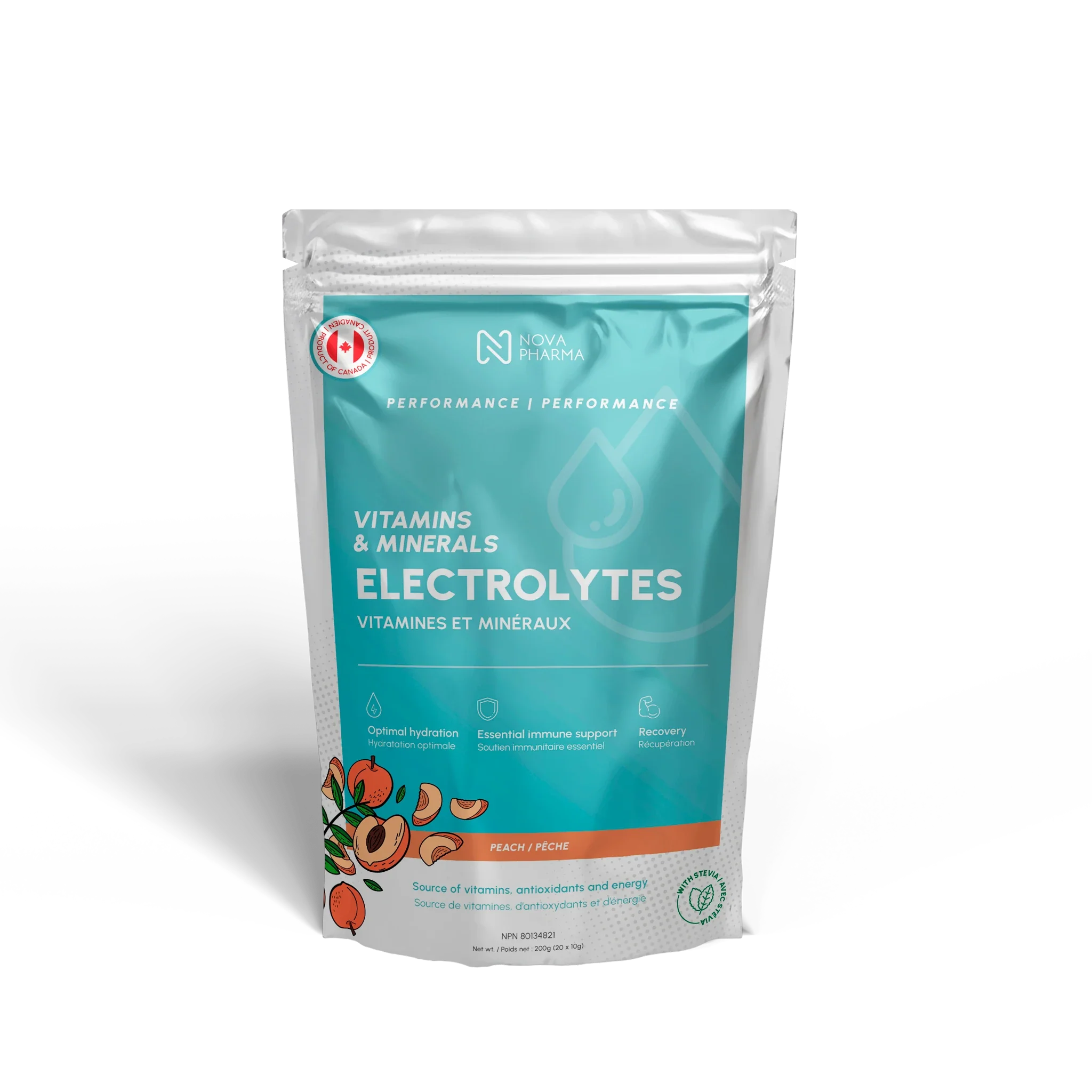Individual servings electrolytes, 20 servings by Nova Pharma, peach